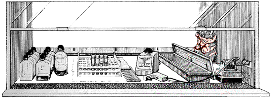 sketch drawing of biosafety cabinet with various supplies inside