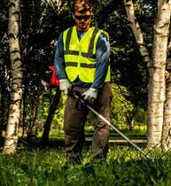 Worker holding a string trimmer.